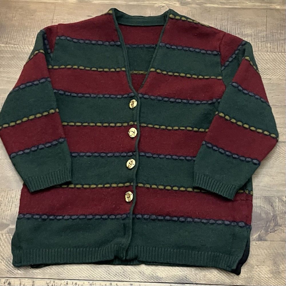 Vintage 60s Green Red Wool Handmade Cardigan Sweater Hand Knit Size‎ S/M